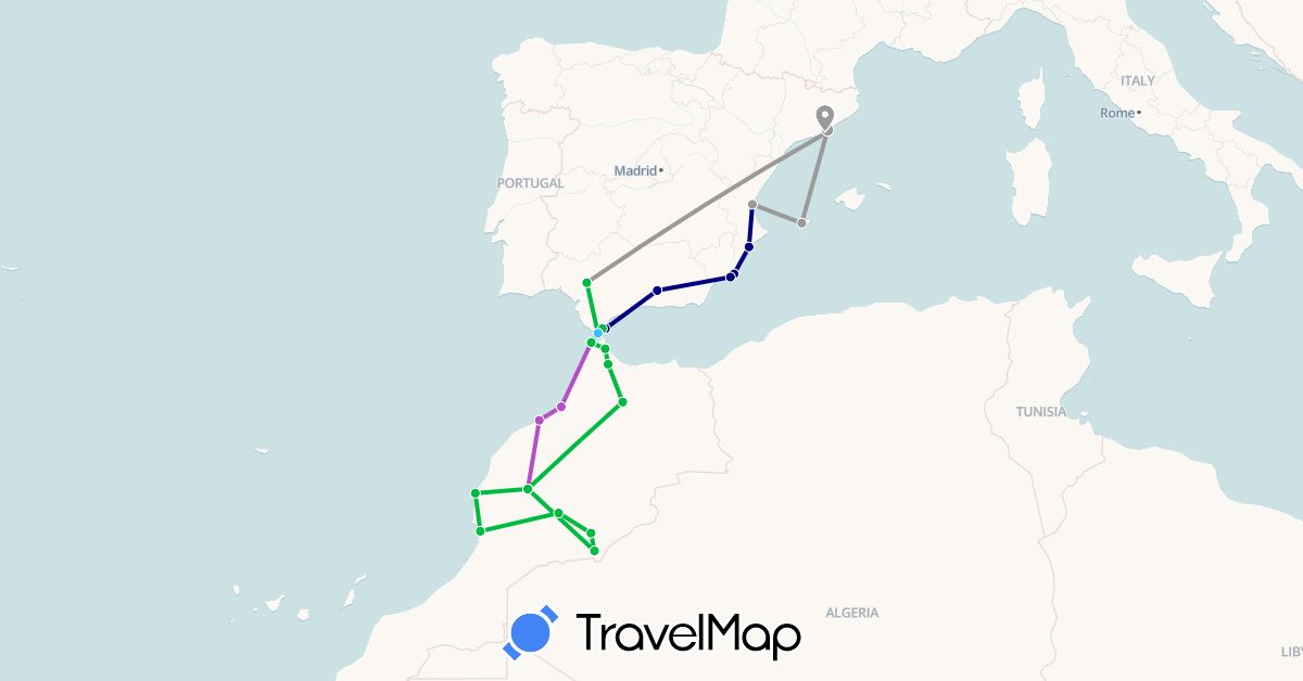 TravelMap itinerary: driving, bus, plane, train, boat in Spain, Gibraltar, Morocco (Africa, Europe)